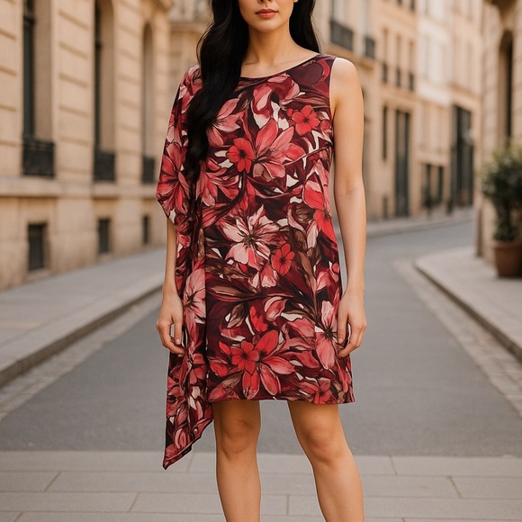 Thalia Sodi Floral Sheath Dress Large Multicolor Round Neck Asymmetrical Classy - Picture 1 of 7